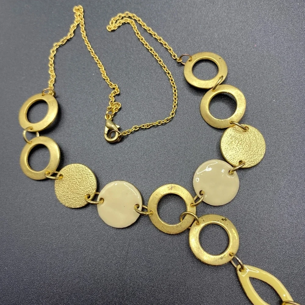 Vintage Enamel Cream & Gold Link Dangle Necklace